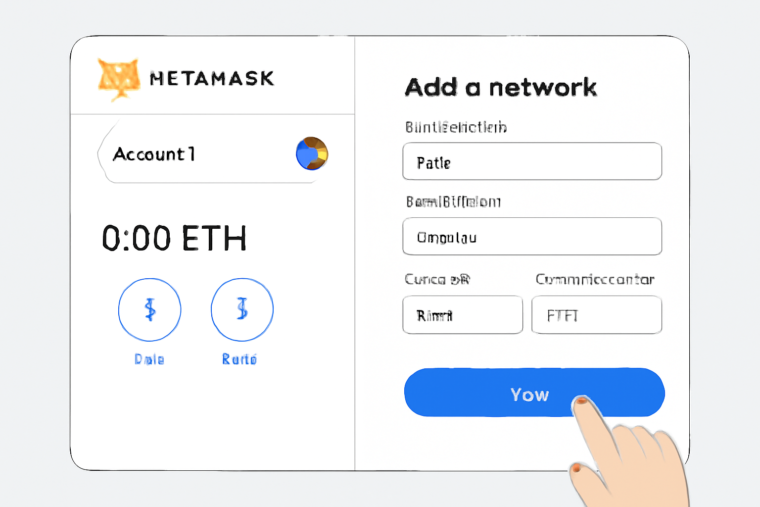 A user adding a new blockchain network (Base) to their MetaMask wallet, showing network settings on screen, digital wallet interface, modern UI, clear labels.