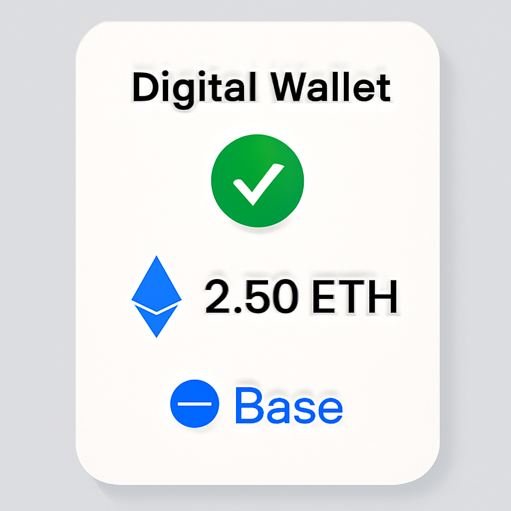 A digital wallet interface showing a successful ETH balance on the Base network, with a celebratory checkmark and Base logo.