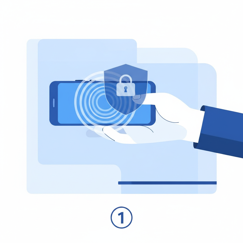 person scanning open palm with smartphone, glowing biometric scan, privacy shield overlay, futuristic blue tones