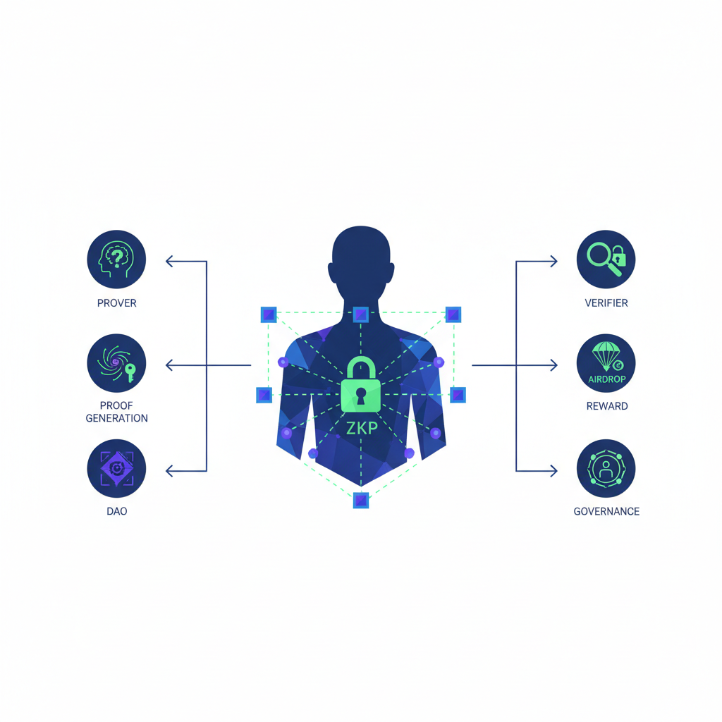 abstract ZKP verification flow, human silhouette with locked data nodes, Web3 icons like airdrop and DAO symbols