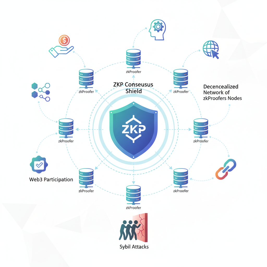 decentralized network of zkProofers nodes, ZKP consensus shield against sybil attacks, Web3 participation icons