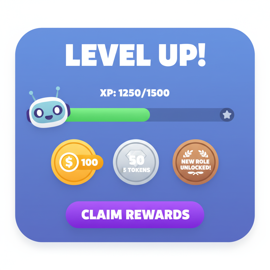 Discord bot level up screen with XP bar and token rewards