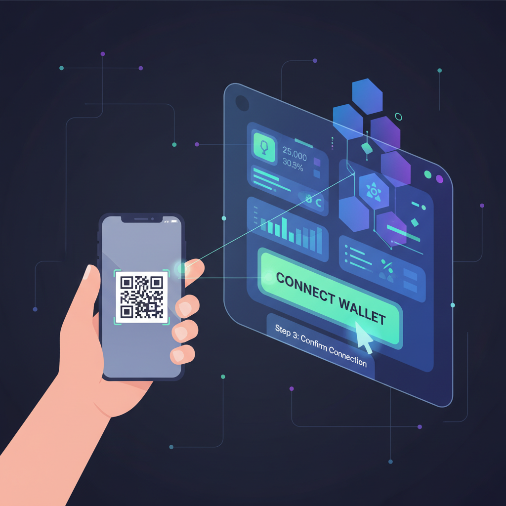 User connecting crypto wallet to vibrant DeFi dashboard, futuristic blockchain UI, green connect button