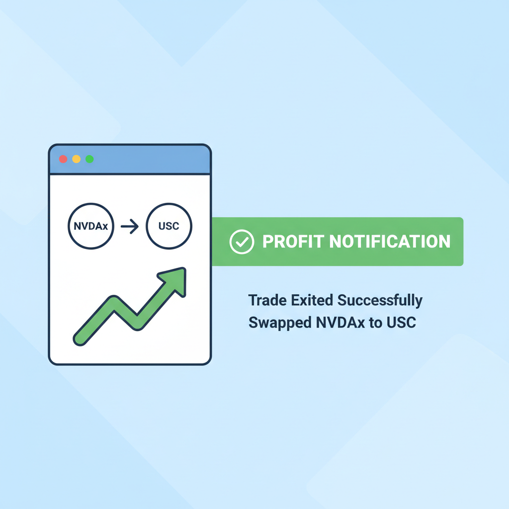Exiting NVDAx trade by swapping to USDC, profit notification, green upward arrow chart