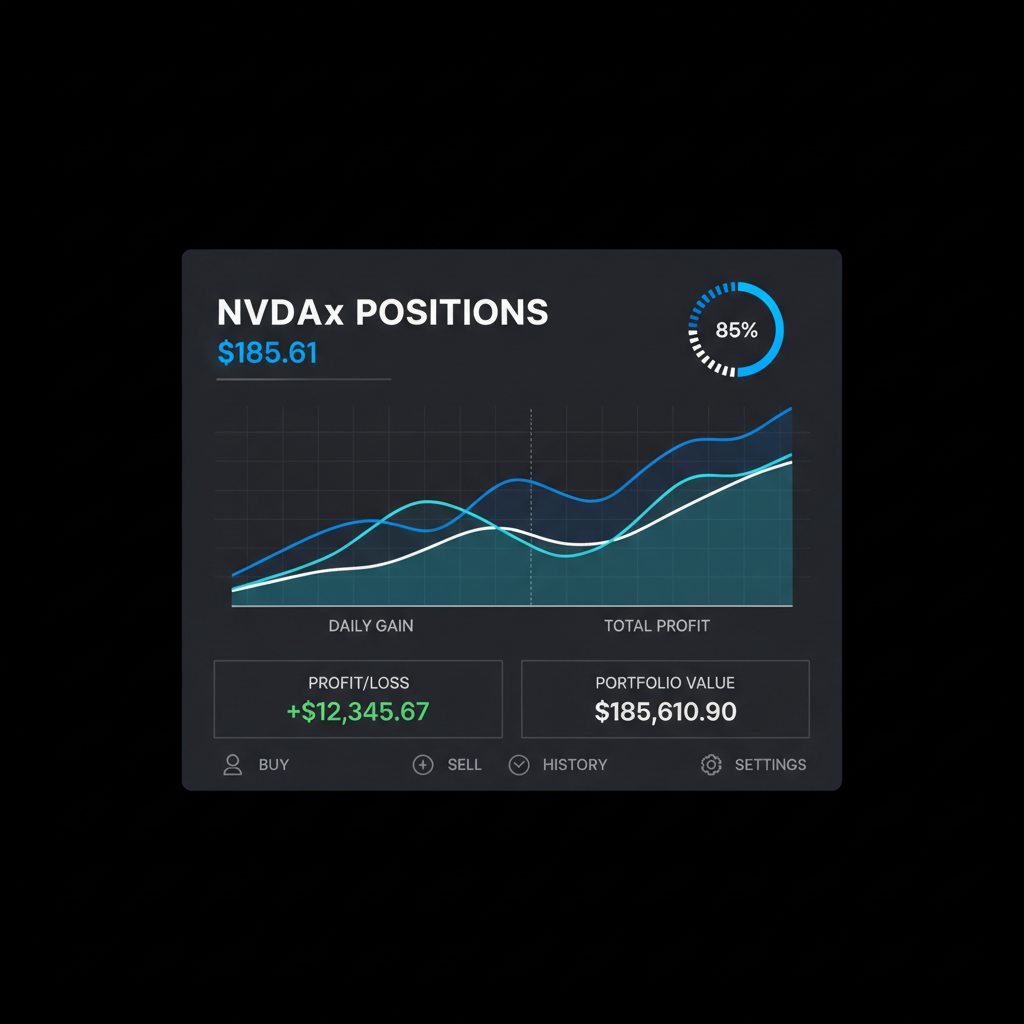 Real-time dashboard showing NVDAx positions at $185.61, graphs, profit metrics, dark mode UI