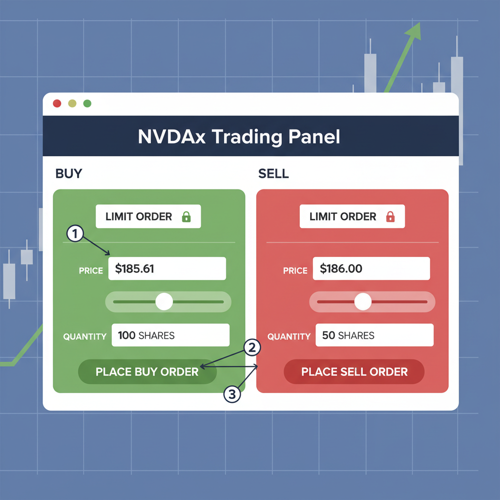 Setting limit orders on NVDAx trading panel, sliders for price $185.61, chart background