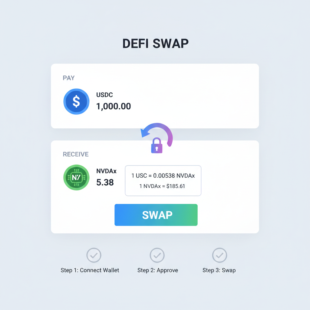 DeFi swap interface converting USDC to NVDAx at $185.61, clean UI with price display, token icons