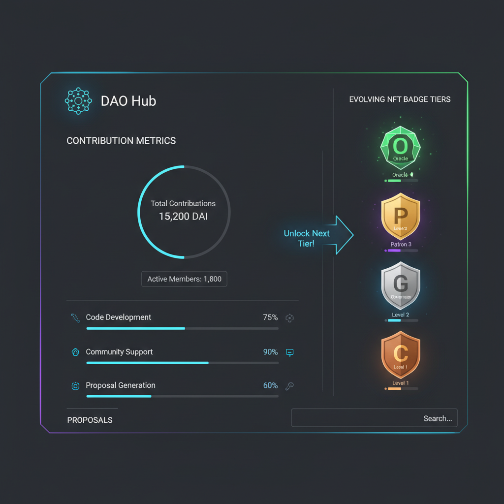 DAO dashboard showing contribution metrics and evolving NFT badge tiers, futuristic UI, neon accents