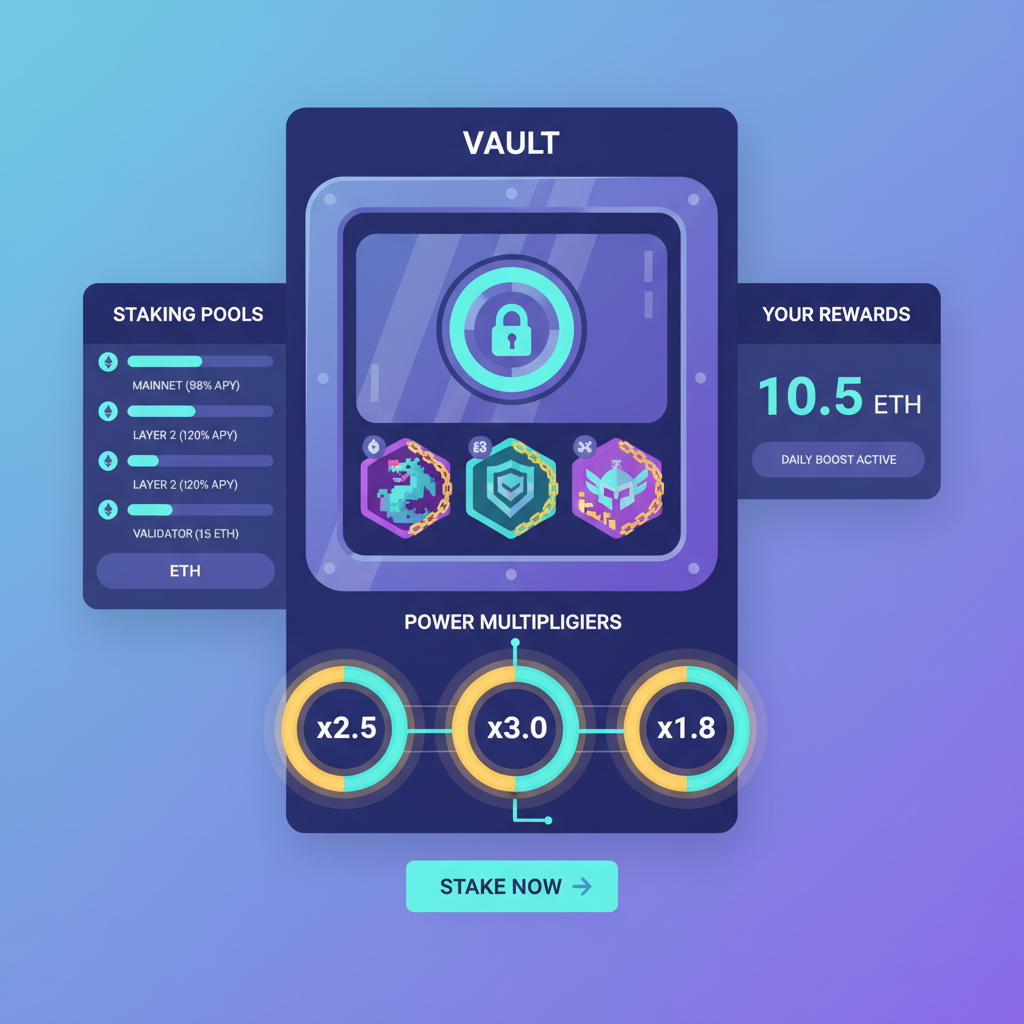 Ethereum staking interface with NFT badges locked in vault, power multipliers glowing