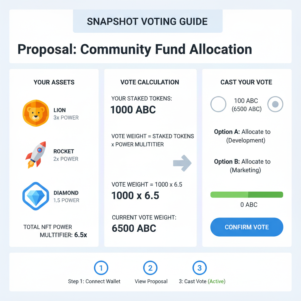 Snapshot voting dashboard with NFT badge power multipliers, vote weights calculating