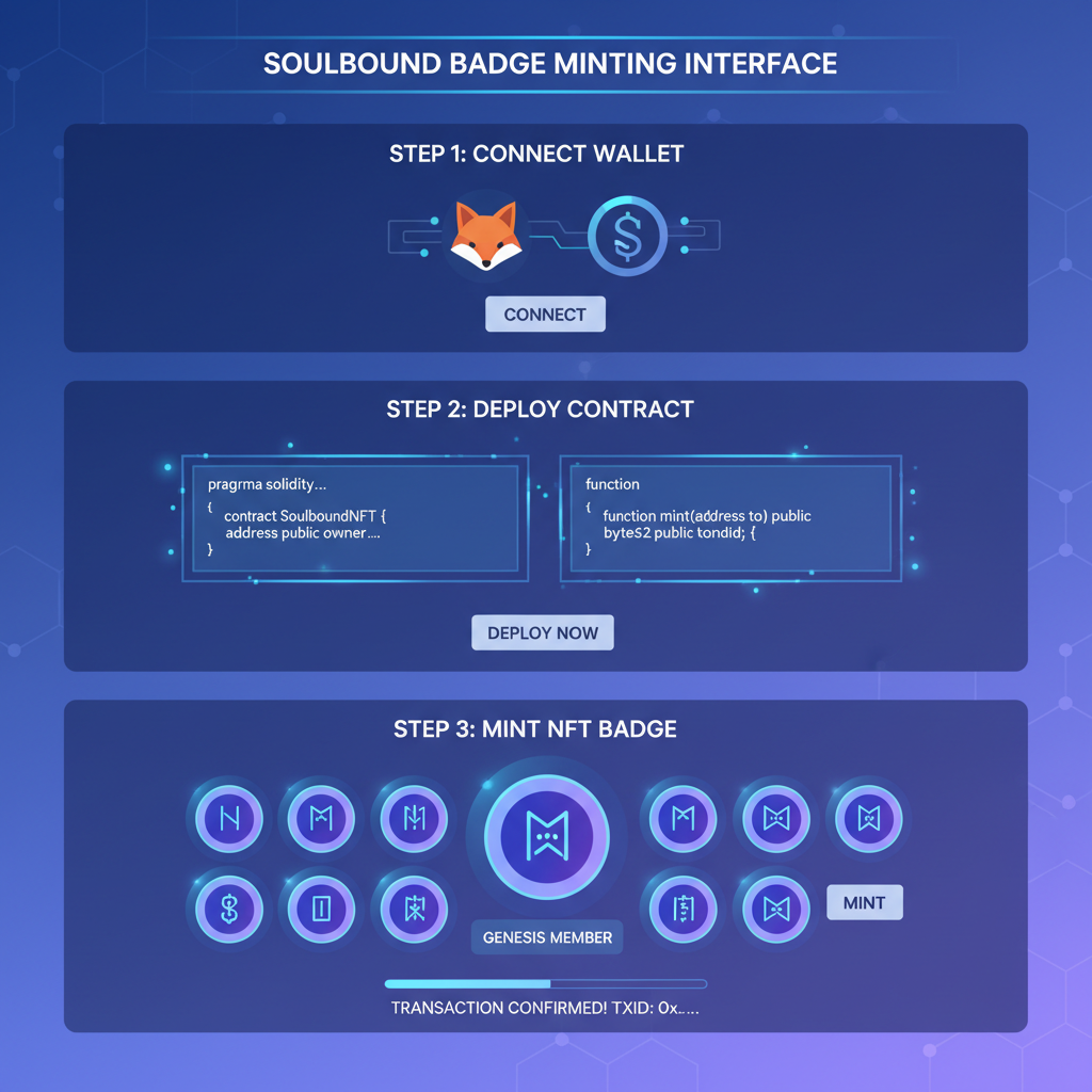 Smart contract deployment interface minting glowing soulbound NFT badges, blockchain code snippets