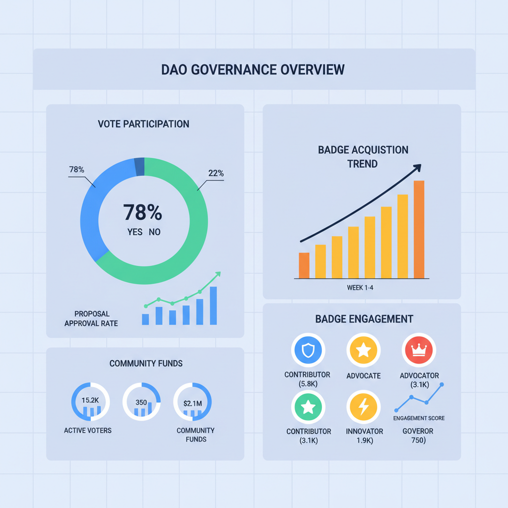 Analytics dashboard monitoring DAO votes and badge engagement, rising charts