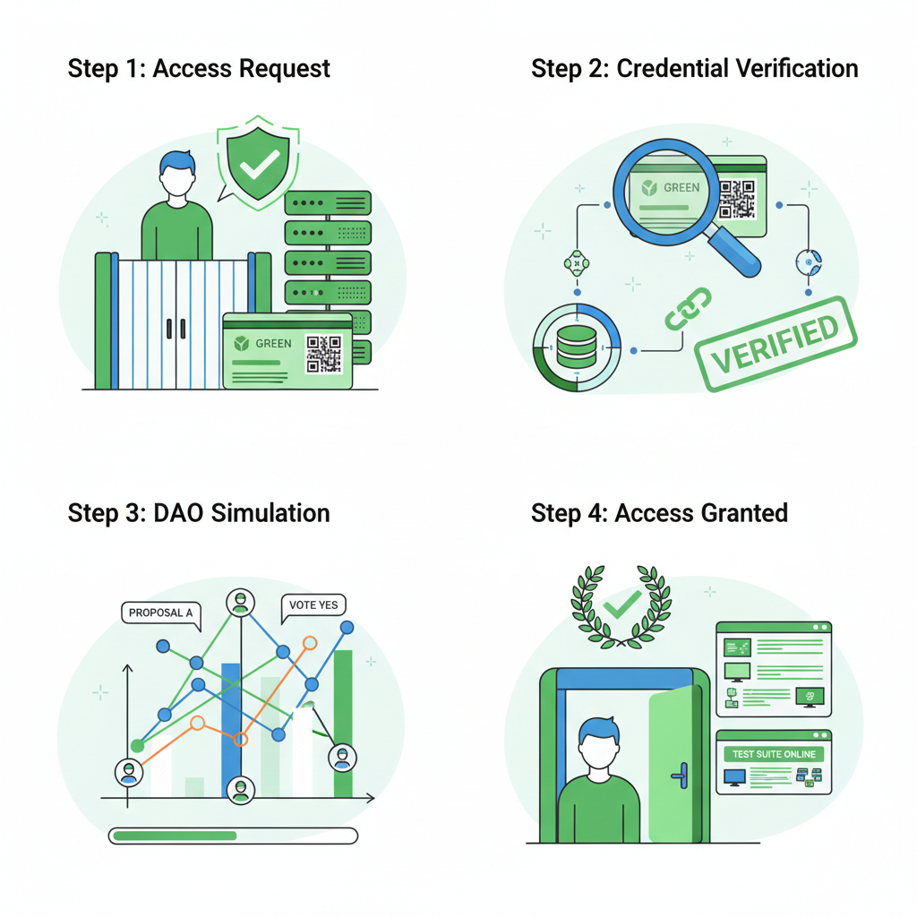 Testing suite with green pass checks, DAO governance simulation graphs