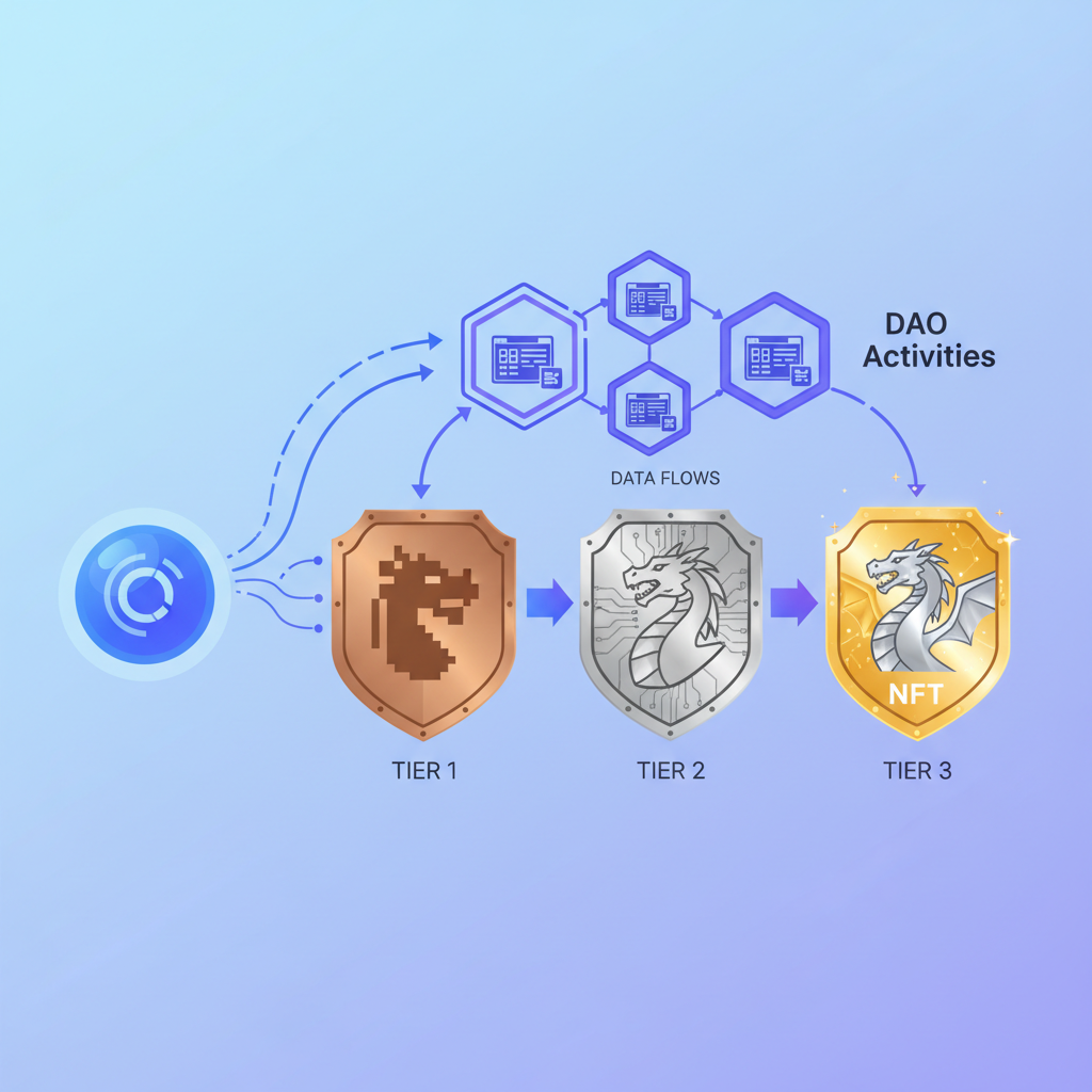 Oracle scanning DAO activities, NFT badge evolving from basic to premium, data flows