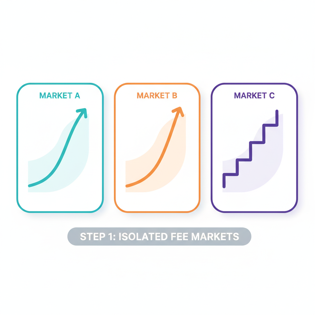 graphs of isolated fee markets on blockchain, rising charts with custom curves, professional data viz aesthetic