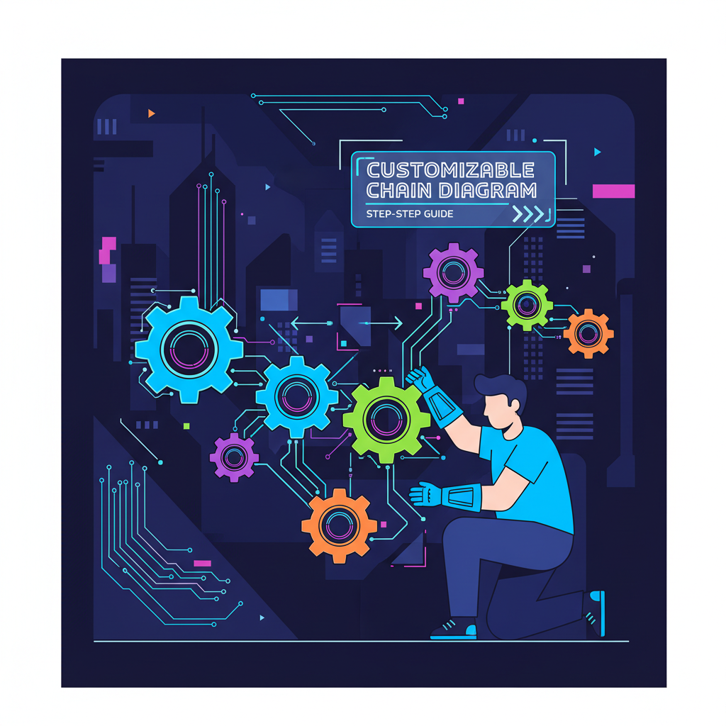 tech engineer tweaking blockchain gears and modules, customizable chain diagram, neon cyberpunk style
