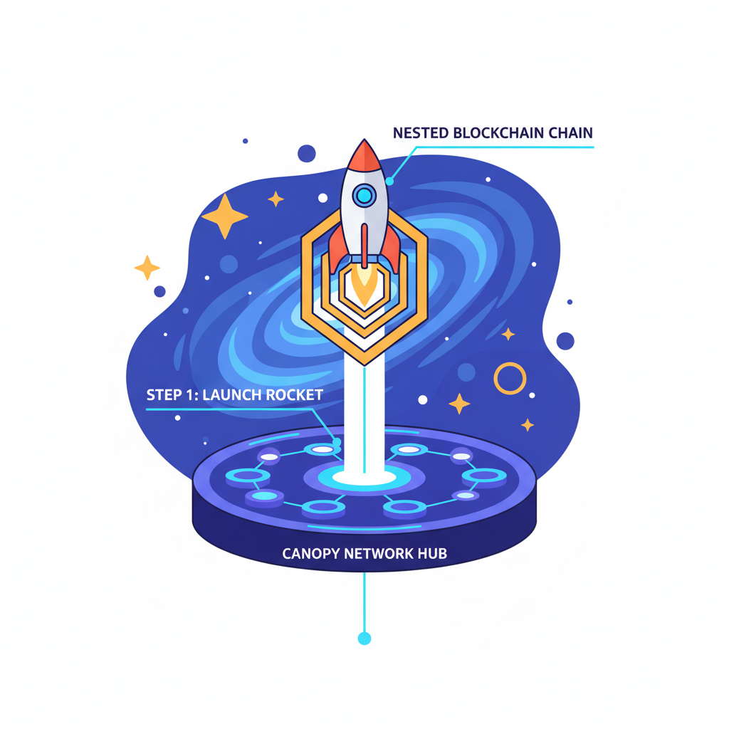 rocket launching nested blockchain chain from canopy network hub, cosmic space background, dynamic energy trails