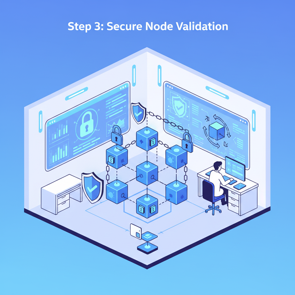 cybersecurity lab testing blockchain nodes, shields and locks on interconnected chains, high-tech monitoring screens
