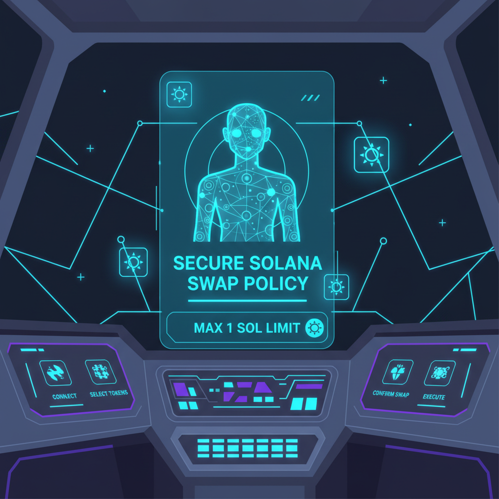 holographic AI agent interface defining secure Solana swap policy, max 1 SOL limit display, neon blue Solana logos, futuristic dashboard