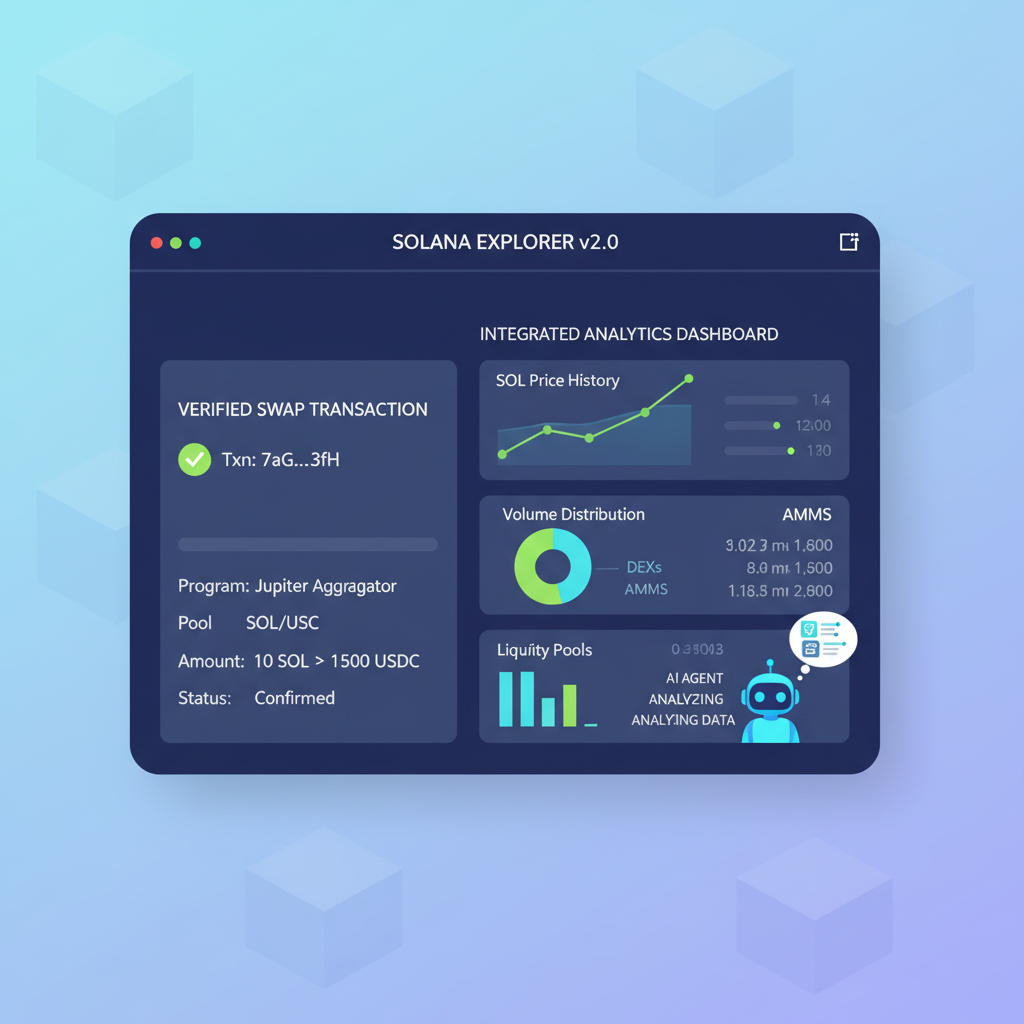 Solana explorer with verified swap tx, integrated analytics dashboard charts, AI agent reviewing data, modern UI