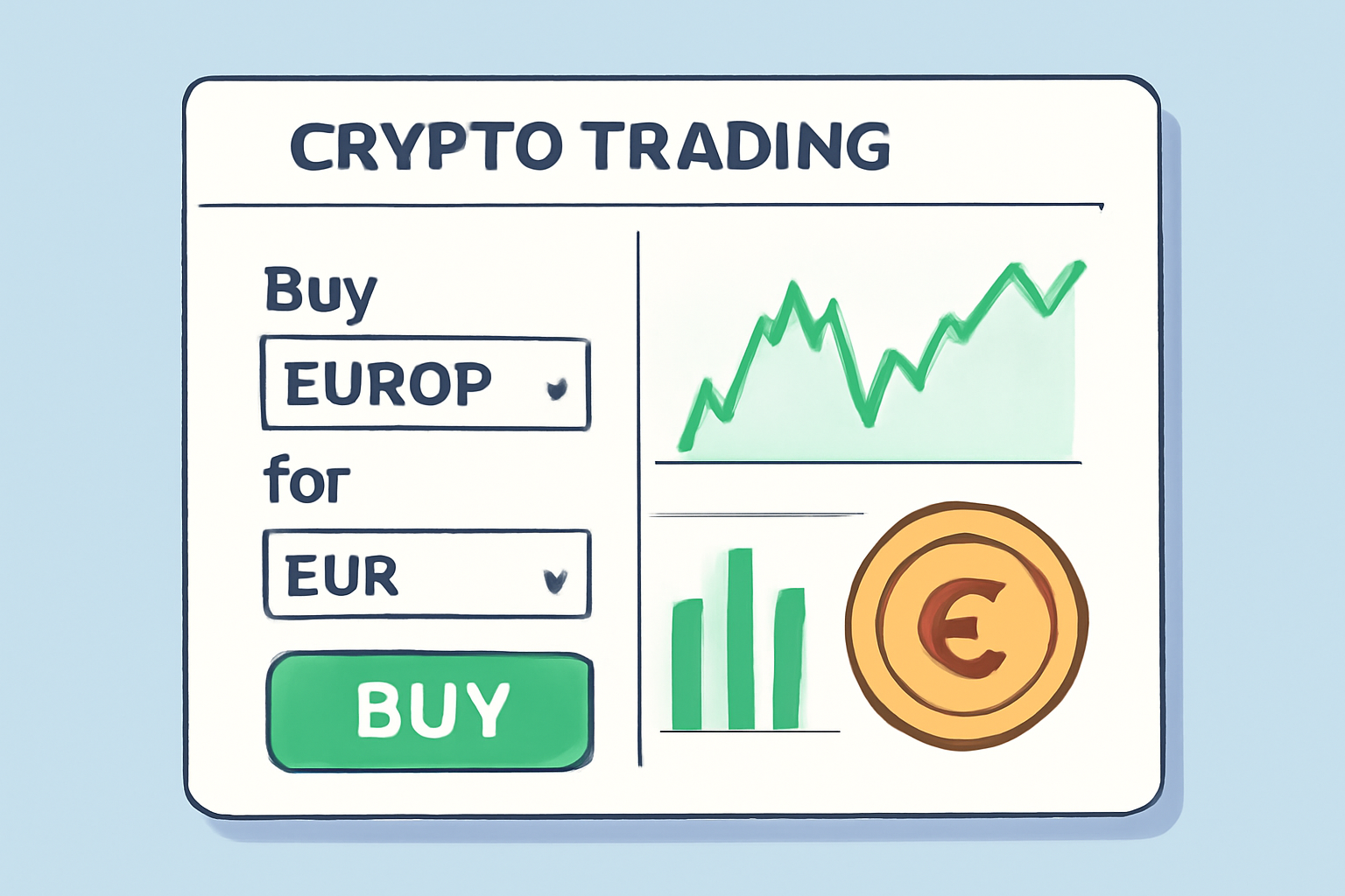 crypto trading screen buying EUROP with EUR, charts, green buy button, stablecoin icon