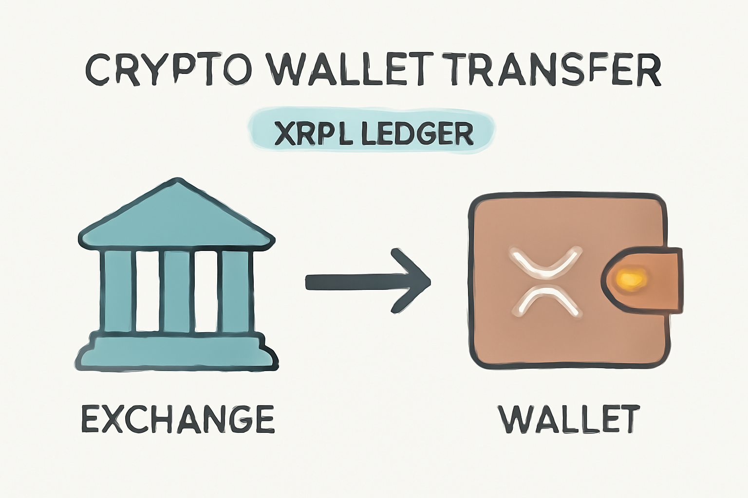 crypto wallet transfer screen, XRPL ledger network, arrow from exchange to wallet