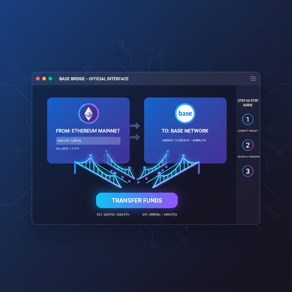 official base bridge web interface showing eth to base transfer setup, glowing neon bridges