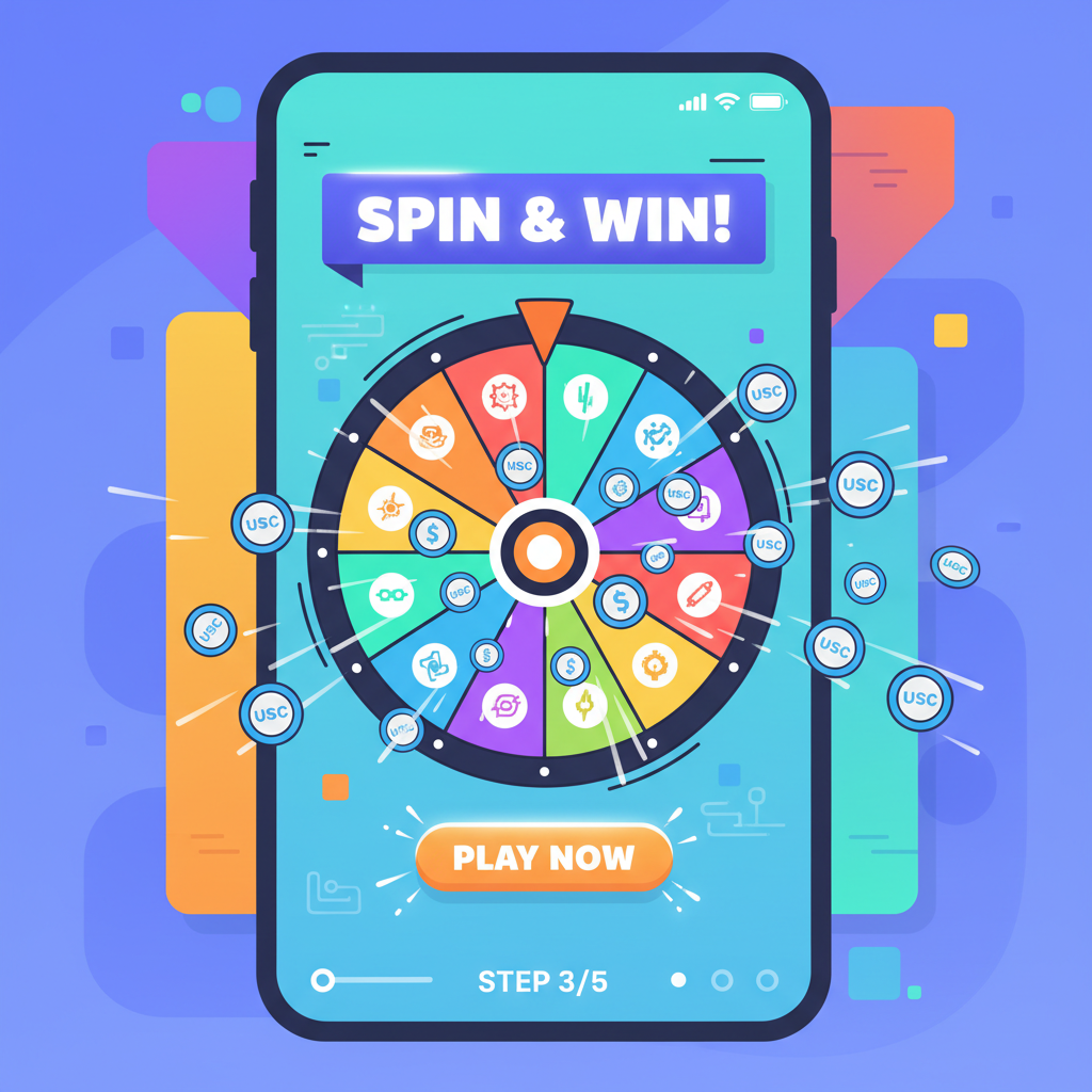 colorful mobile mini app screen with spinning reward wheel, USDC coins flying out, crypto gaming vibe
