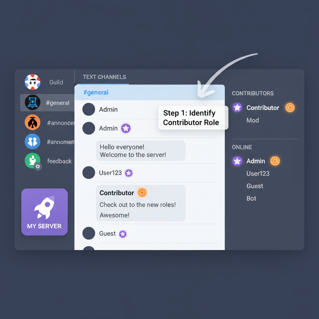 discord server interface with base guild badges, users chatting, glowing contributor role icons