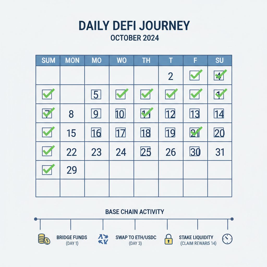 calendar with daily defi tasks checkmarks, base chain activity timeline