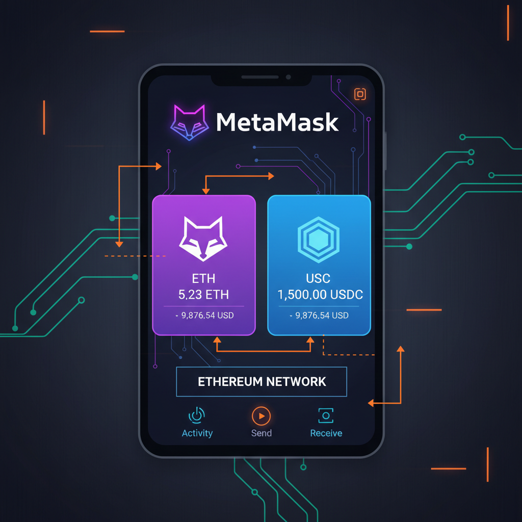 sleek metamask wallet interface with eth and usdc balances on ethereum network, cyberpunk style