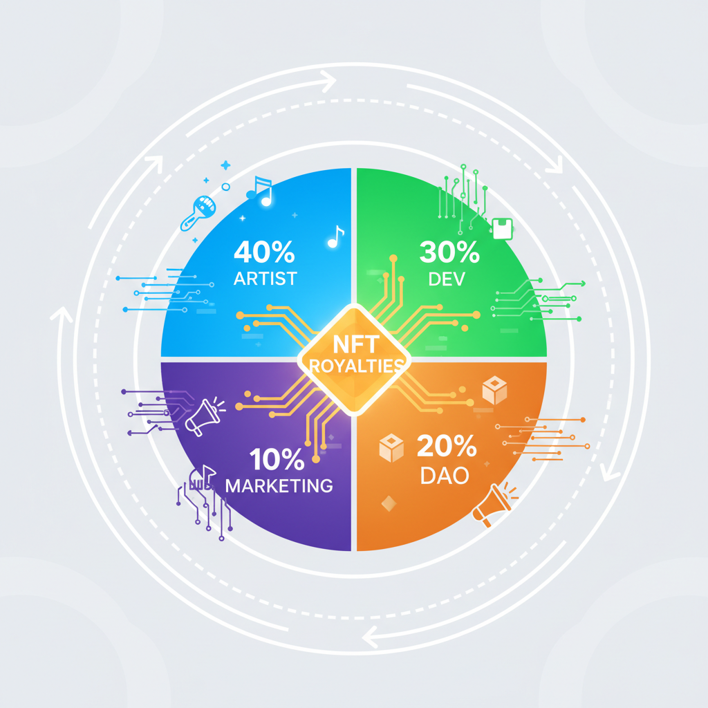pie chart showing revenue splits 40% artist 30% dev 20% DAO 10% marketing, NFT royalties flowing, vibrant colors, animated flow