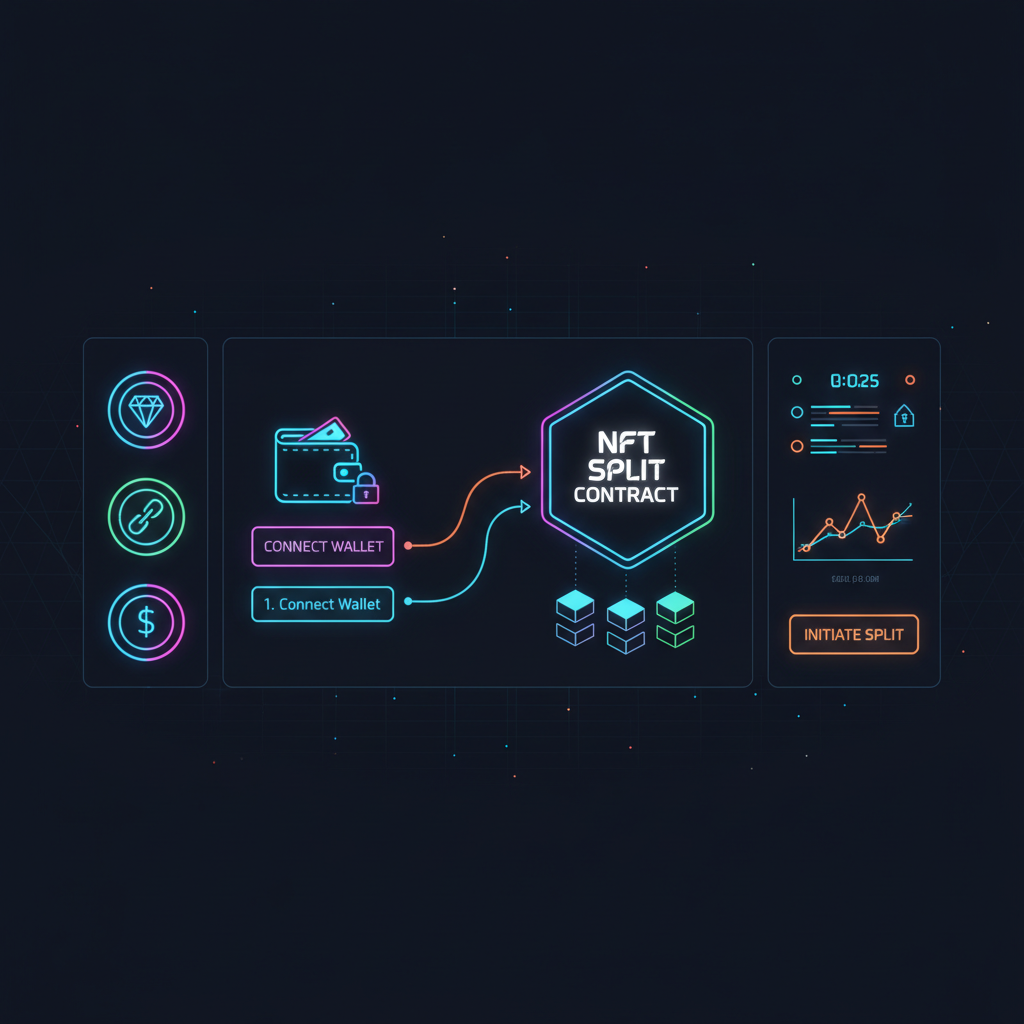sleek dashboard interface connecting wallet to NFT split contract platform, futuristic UI, neon accents, blockchain icons