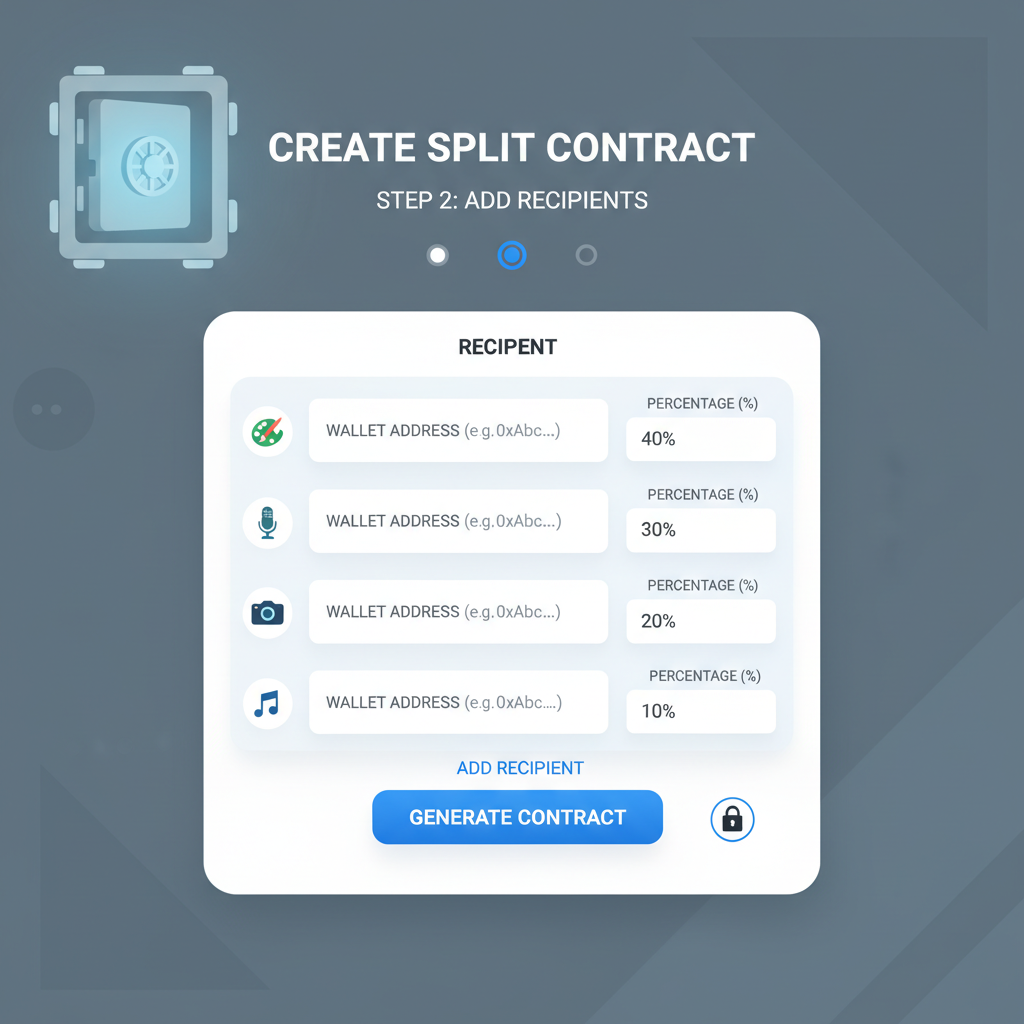 adding multiple wallet addresses to split contract form, diverse creator icons, secure vault theme, clean web UI