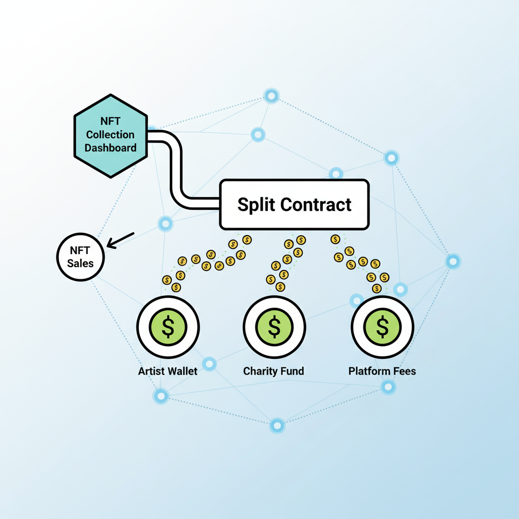 linking split contract to NFT collection dashboard, revenue streams flowing from sales to recipients, interconnected nodes graph