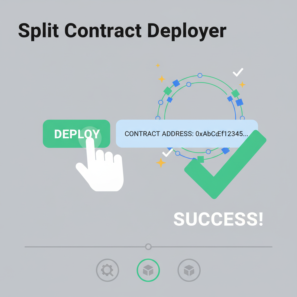 deploy button clicked on split contract deployer, contract address appearing, success animation, blockchain deploy visual
