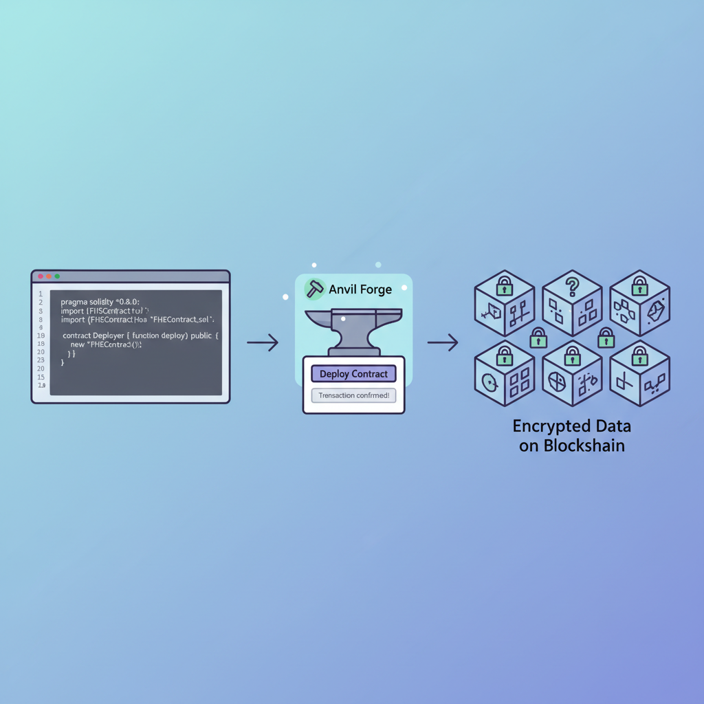 Solidity code deploying FHE contract, blockchain blocks with encrypted data, anvil forge UI