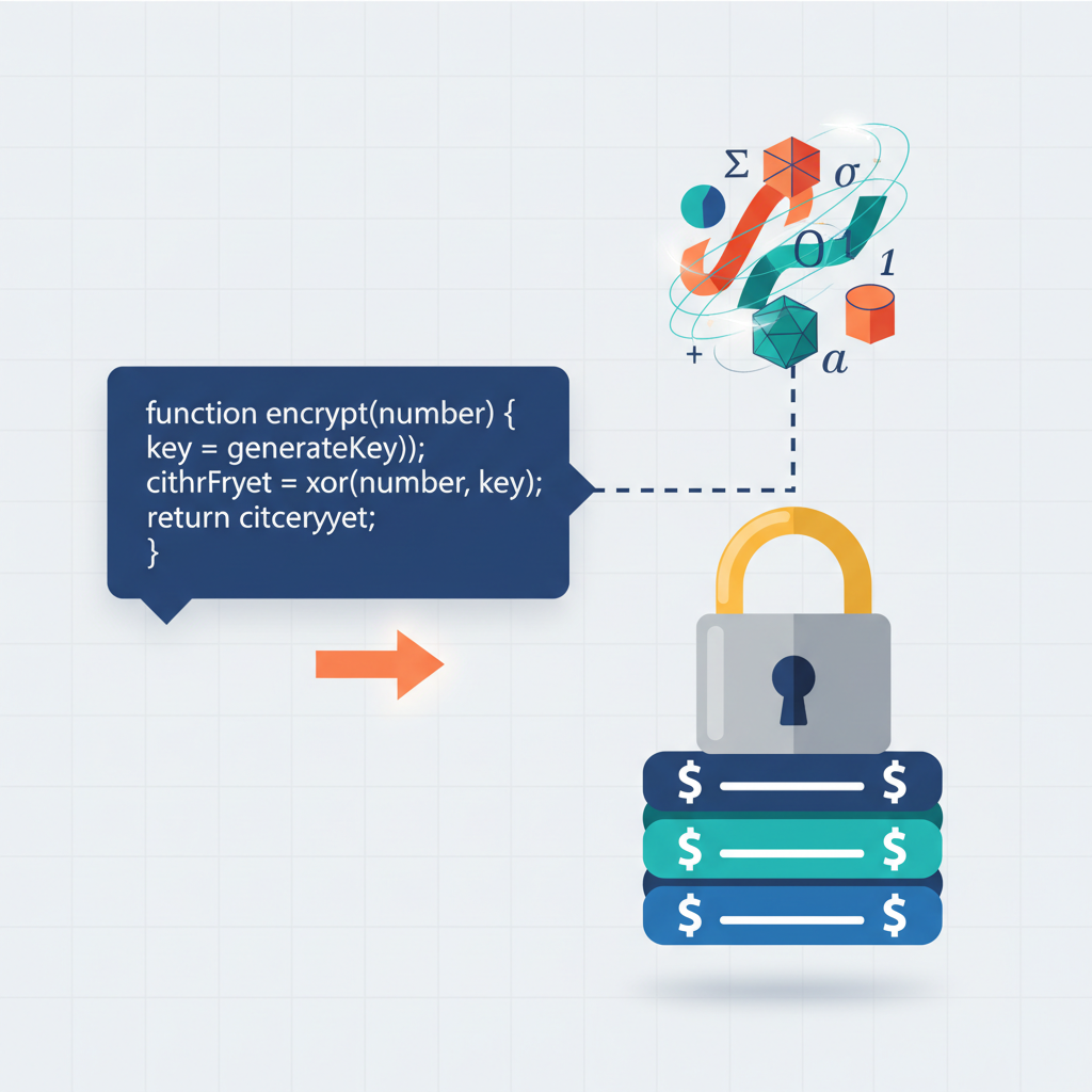 Code snippet encrypting numbers into ciphertexts, padlock on bids, abstract math visuals