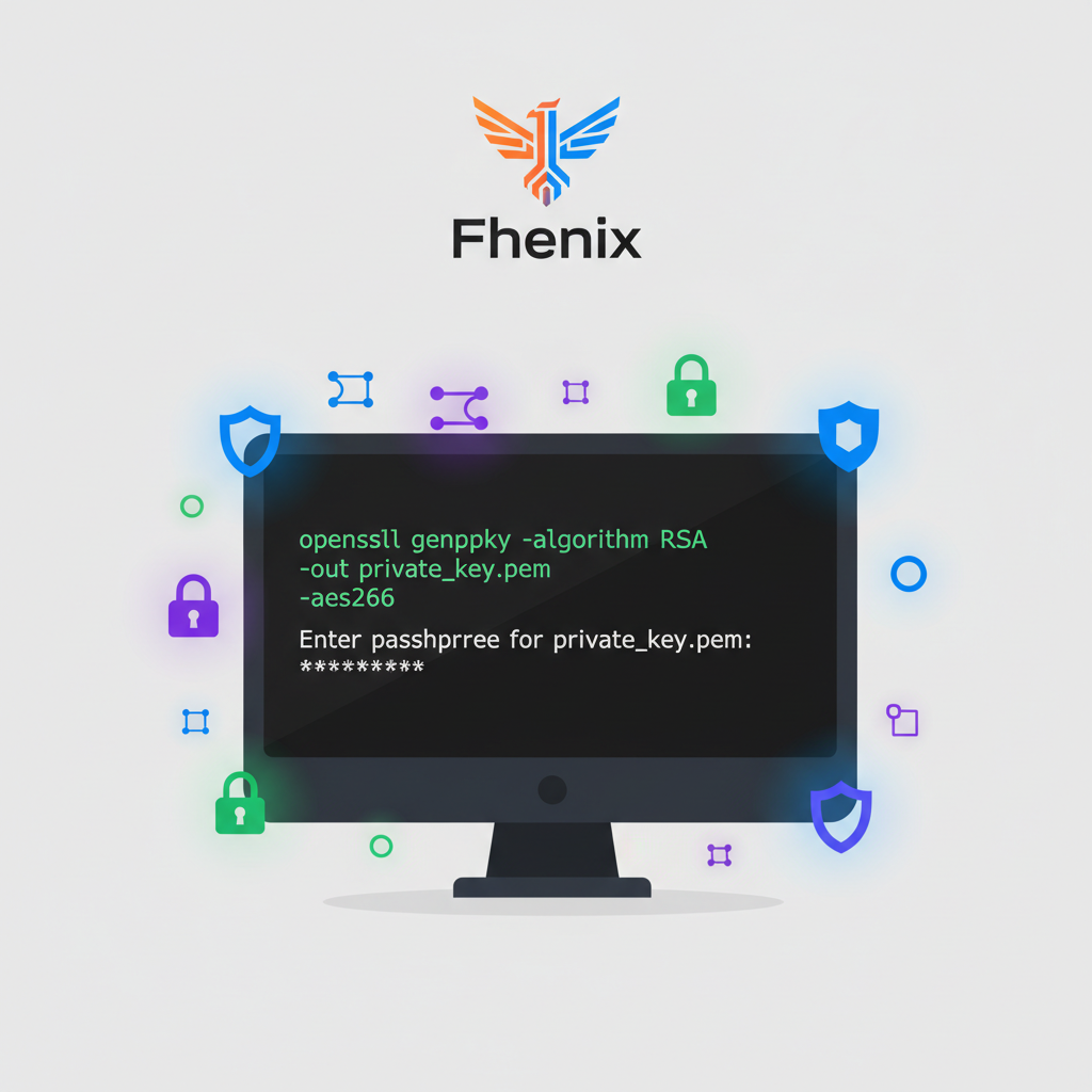 Command line generating cryptographic keys, glowing encryption icons, Fhenix branding