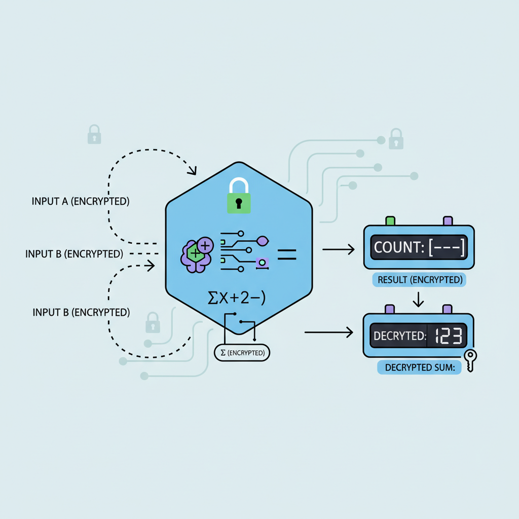 Smart contract computing encrypted sums, homomorphic math diagrams, tally counter