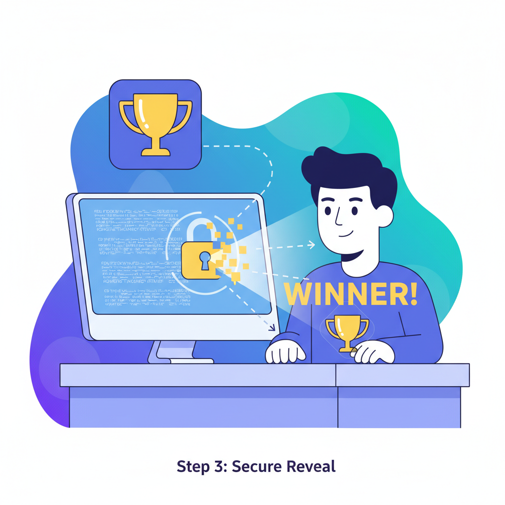 Owner decrypting ciphertext to reveal winner, trophy icon, secure reveal animation