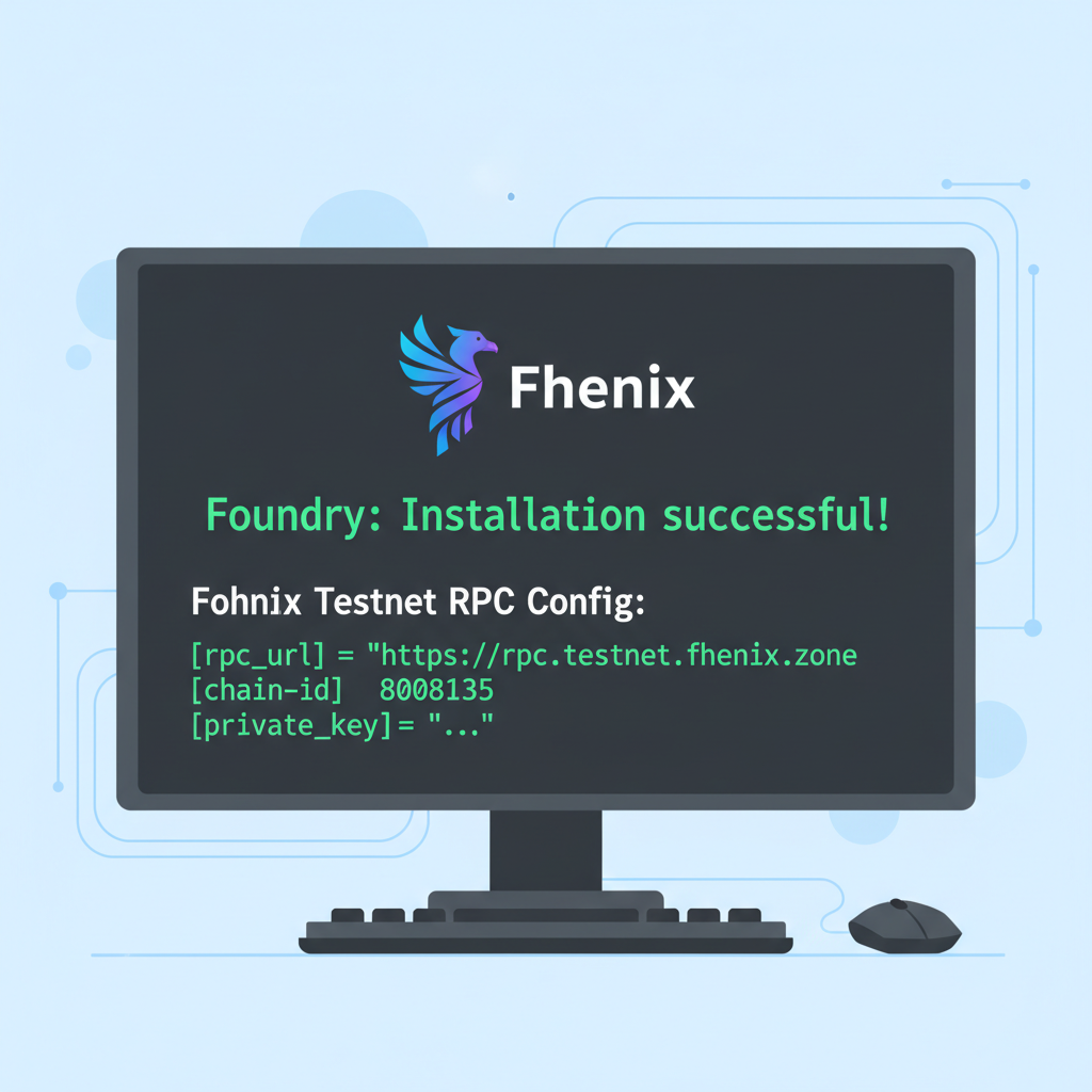 Developer terminal with Foundry installation, Fhenix logo, testnet RPC config on screen