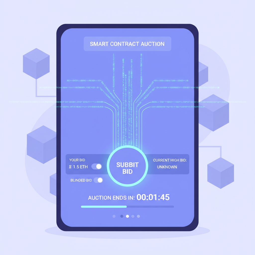 Wallet interface submitting glowing ciphertext bids to smart contract, auction timer