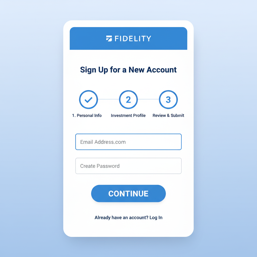 smartphone screen showing brokerage app signup, Fidelity logo, clean blue interface