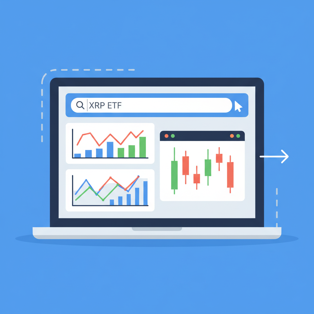 laptop screen with brokerage search bar typing 'XRP ETF', charts in background