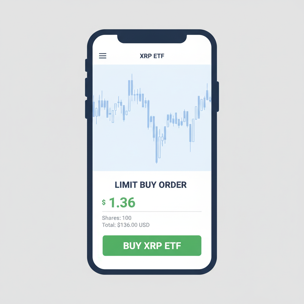 trading app interface showing limit order at $1.36 for XRP ETF, green buy button