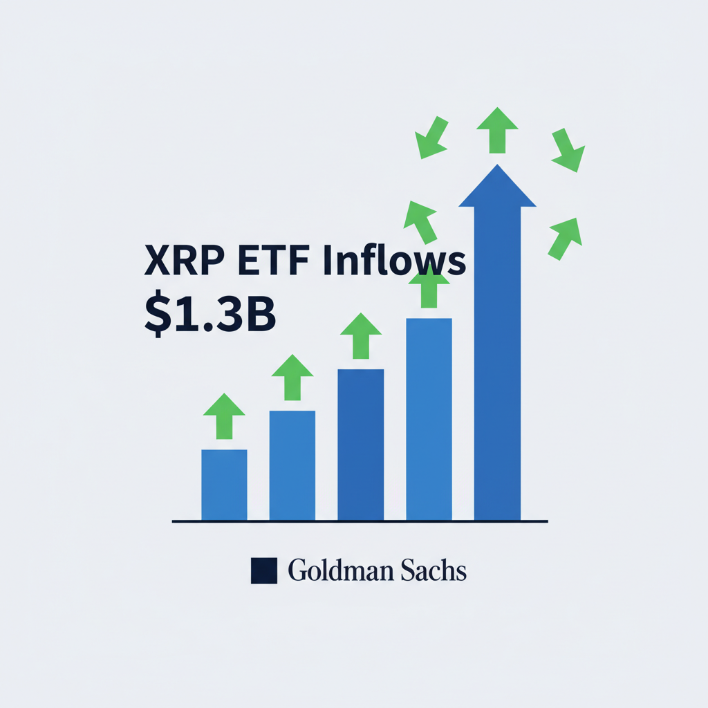 dashboard chart of XRP ETF inflows $1.3B, upward arrows, Goldman Sachs logo