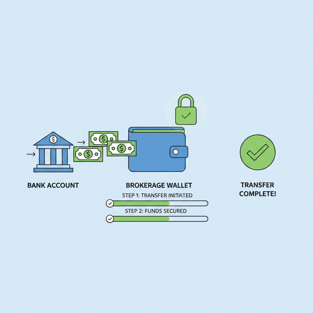 bank transfer animation to brokerage, dollar bills flowing into digital wallet, secure padlock, green success indicators