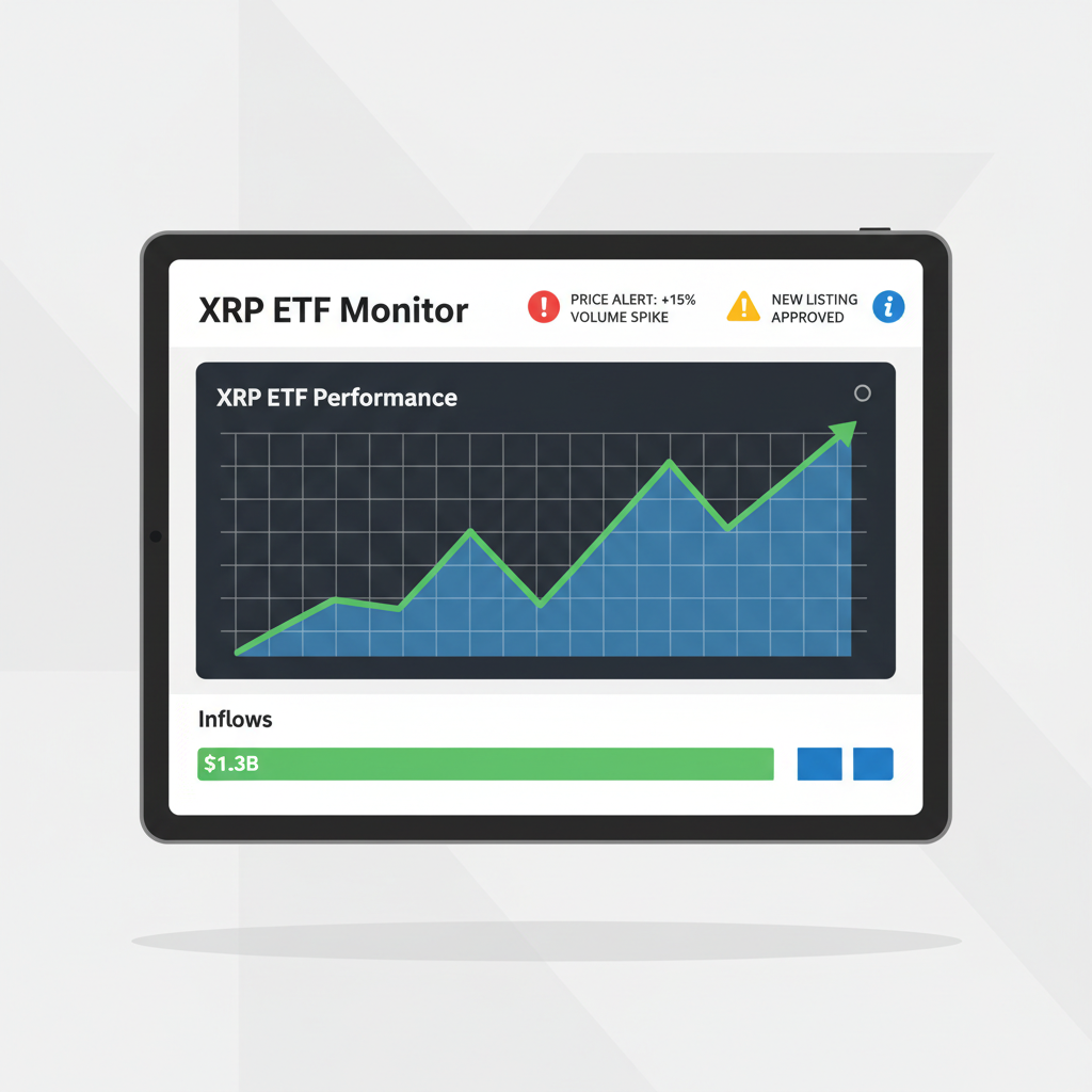 dashboard monitoring screen with XRP ETF performance, inflows bar chart $1.3B, alert notifications, clean analytics