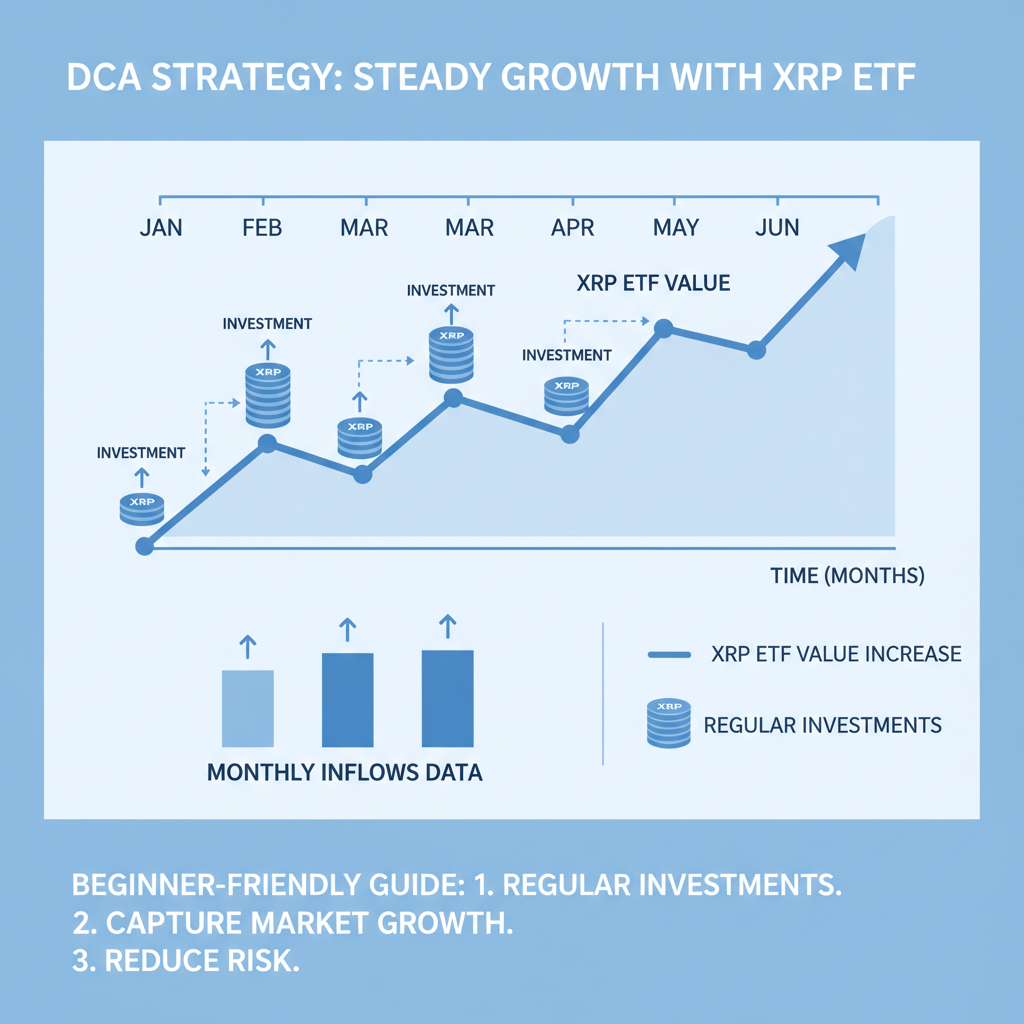 simple infographic of DCA strategy graph showing steady investments into rising XRP ETF line amid inflows data, clean blue tones, beginner friendly